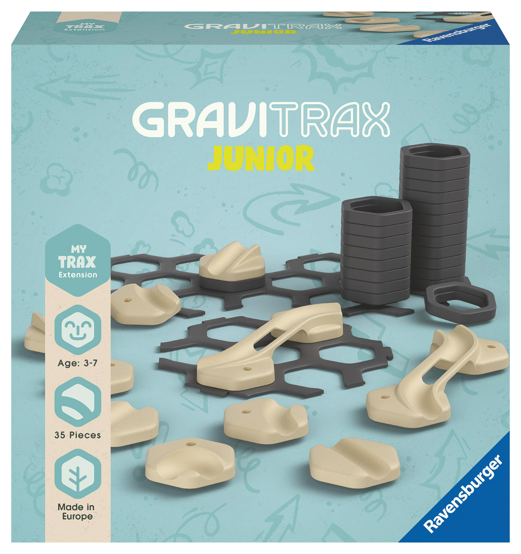 Eine GraviTrax Junior Box mit Bausteinen und Streckenelementen.