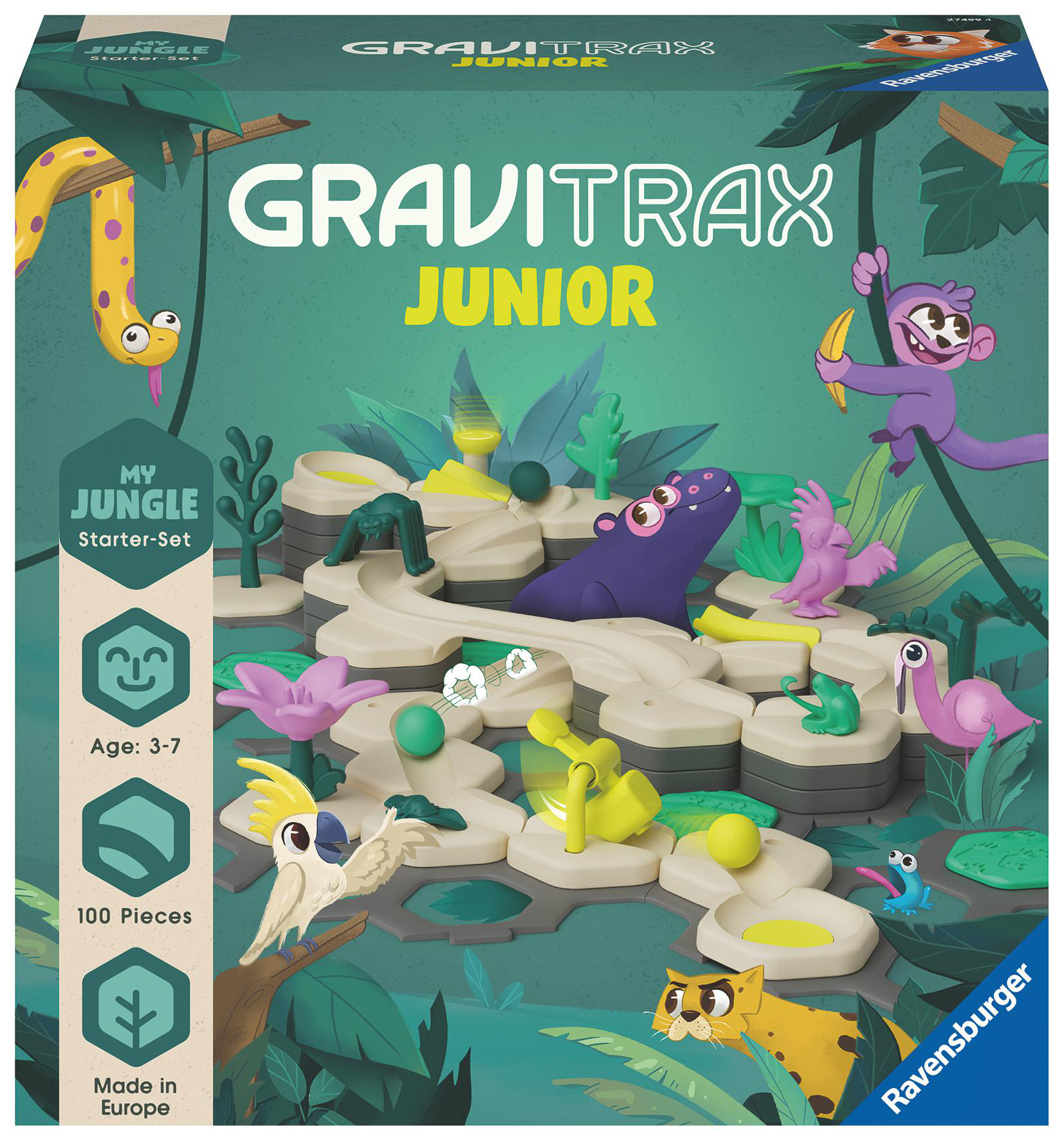 Gravitrax Junior Box mit Spielzeugbahn und Dschungel-Grafikelementen.