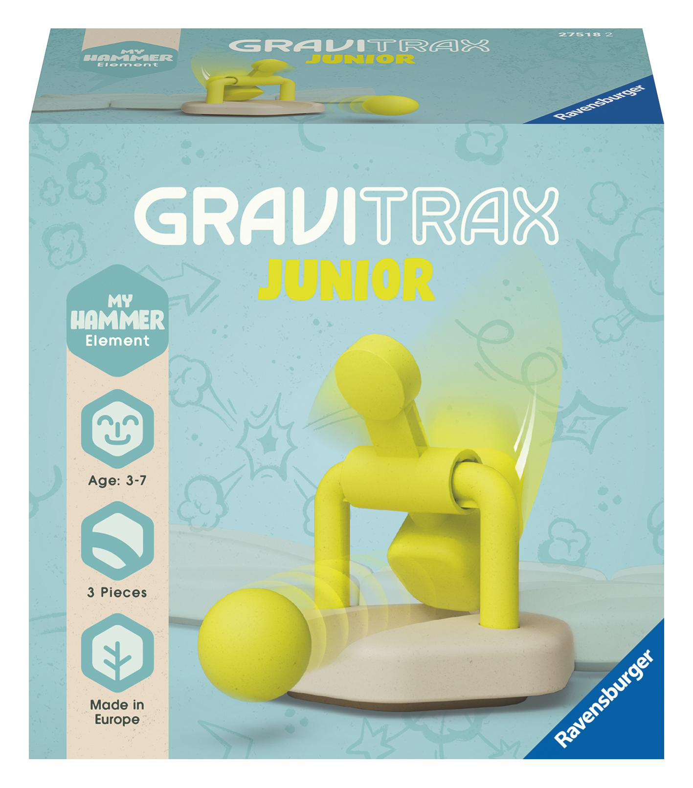 Eine Spielzeugkiste mit einem Gravitrax Junior Set. Die Kiste zeigt einen gelben Ball und ein Bahnelement.