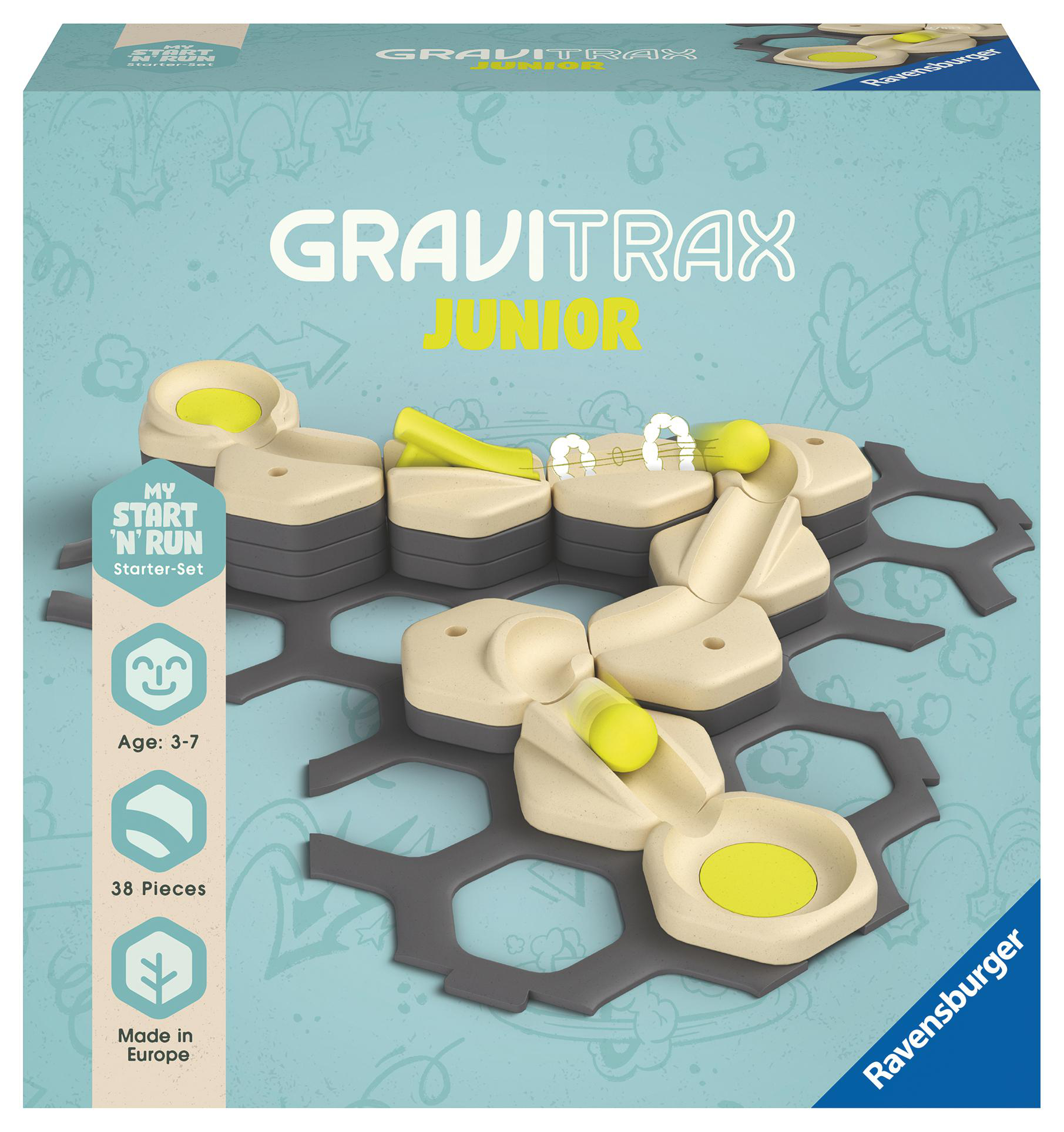 Gravitrax Junior-Box-Set. Verfügt über einen hellblauen Hintergrund und eine Spielzeugbahn.