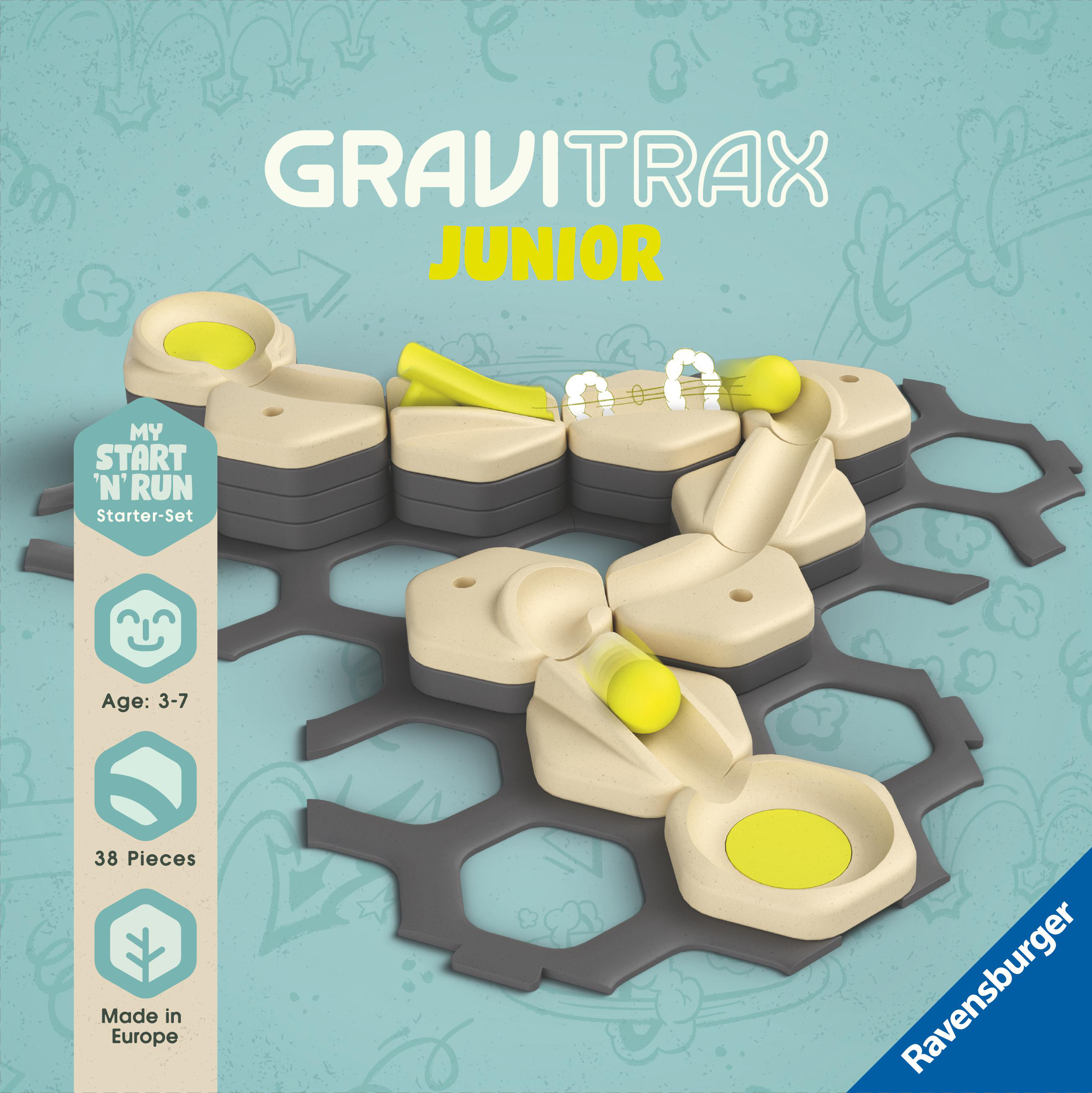 GraviTrax Junior Starter-Set, ein Bausteinspielzeug mit Bahnen, Blöcken und Rampen, auf weißem Hintergrund.