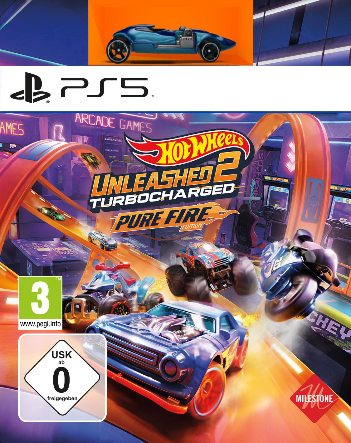 Spielcover von Hot Wheels Unleashed 2 mit Autos auf einer Rennstrecke. PS5-Logo.