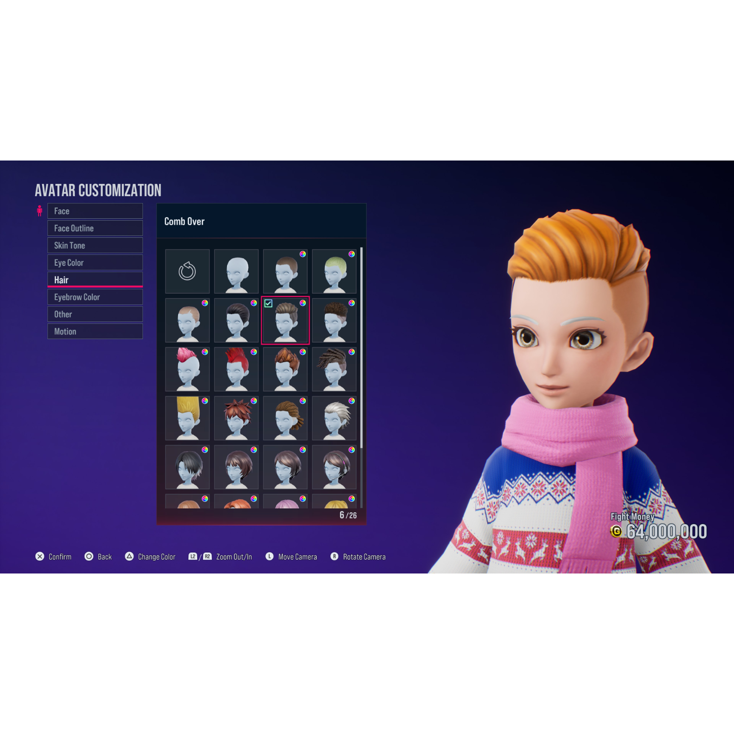 Avatar aanpassingsscherm. Een personage met oranje haar en een roze sjaal is zichtbaar.