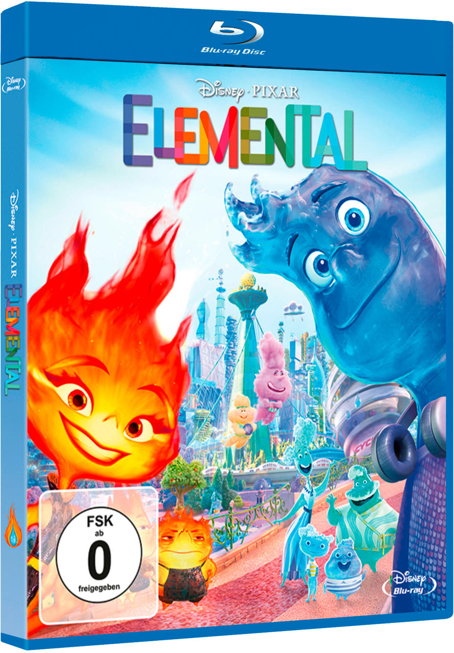 Blu-ray-Filmcover: animierte Figuren von Feuer und Wasser. Titel: ELEMENTAL