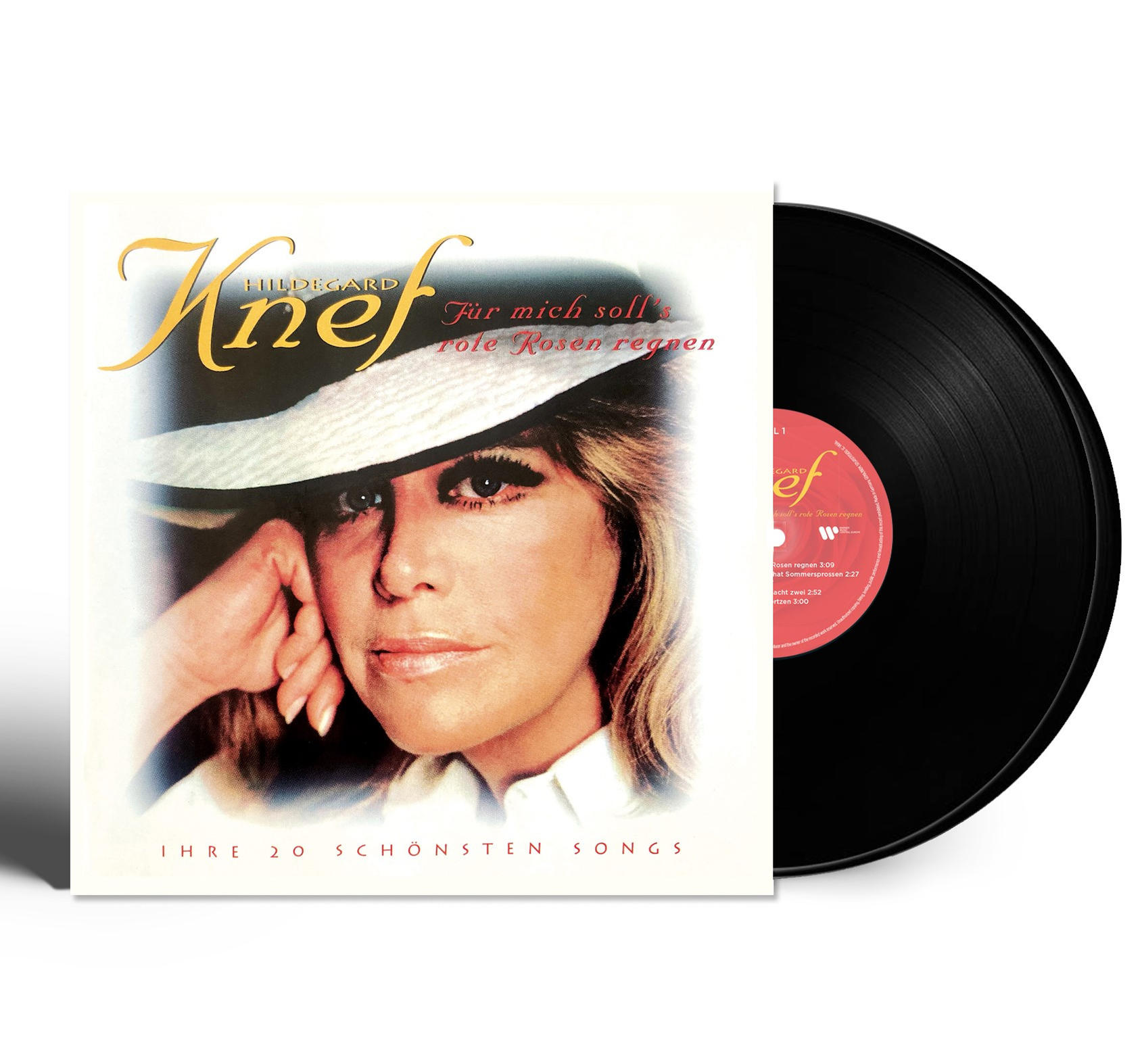 Eine Schallplatte und ihre Hülle mit dem Bild einer Frau mit Hut und dem Titel 'Hildegard Knef'.