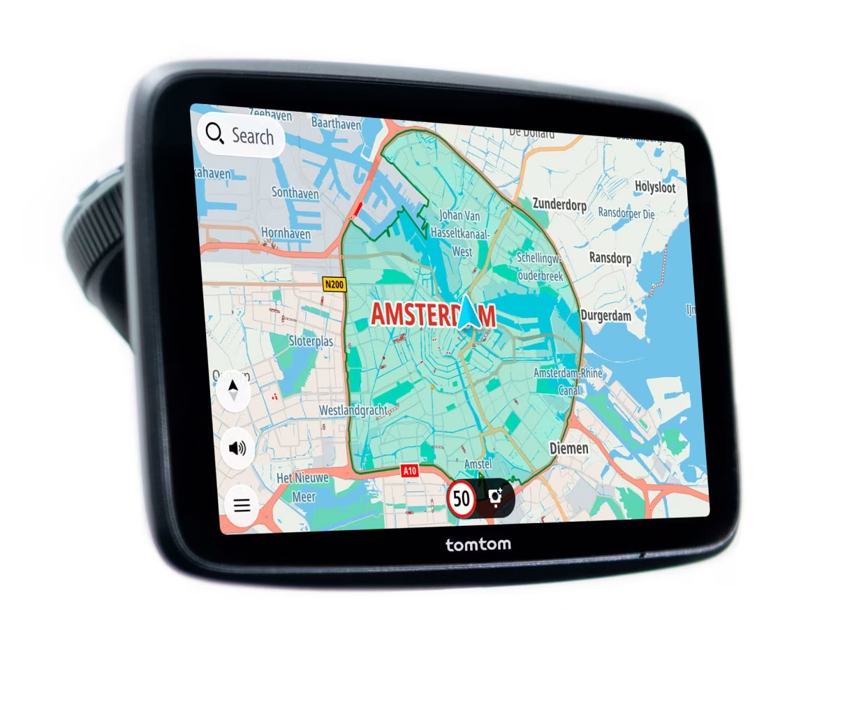 Ein GPS-Gerät, das eine Karte von Amsterdam zeigt. Es hat einen schwarzen Rahmen.