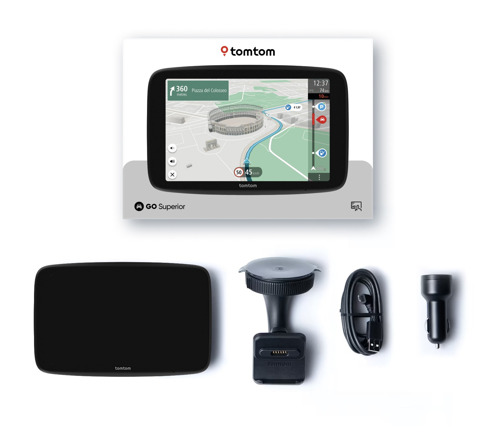 TomTom GPS-Gerät und Zubehör auf weißer Oberfläche. Zeigt Navigationsbildschirm.