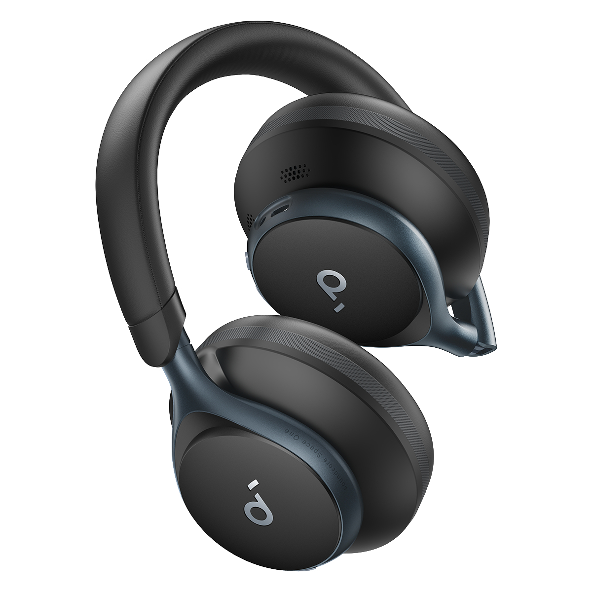 Schwarze Anker-Kopfhörer. Sie sind Over-Ear-Style und haben ein silbernes „a“-Logo auf den Ohrmuscheln.