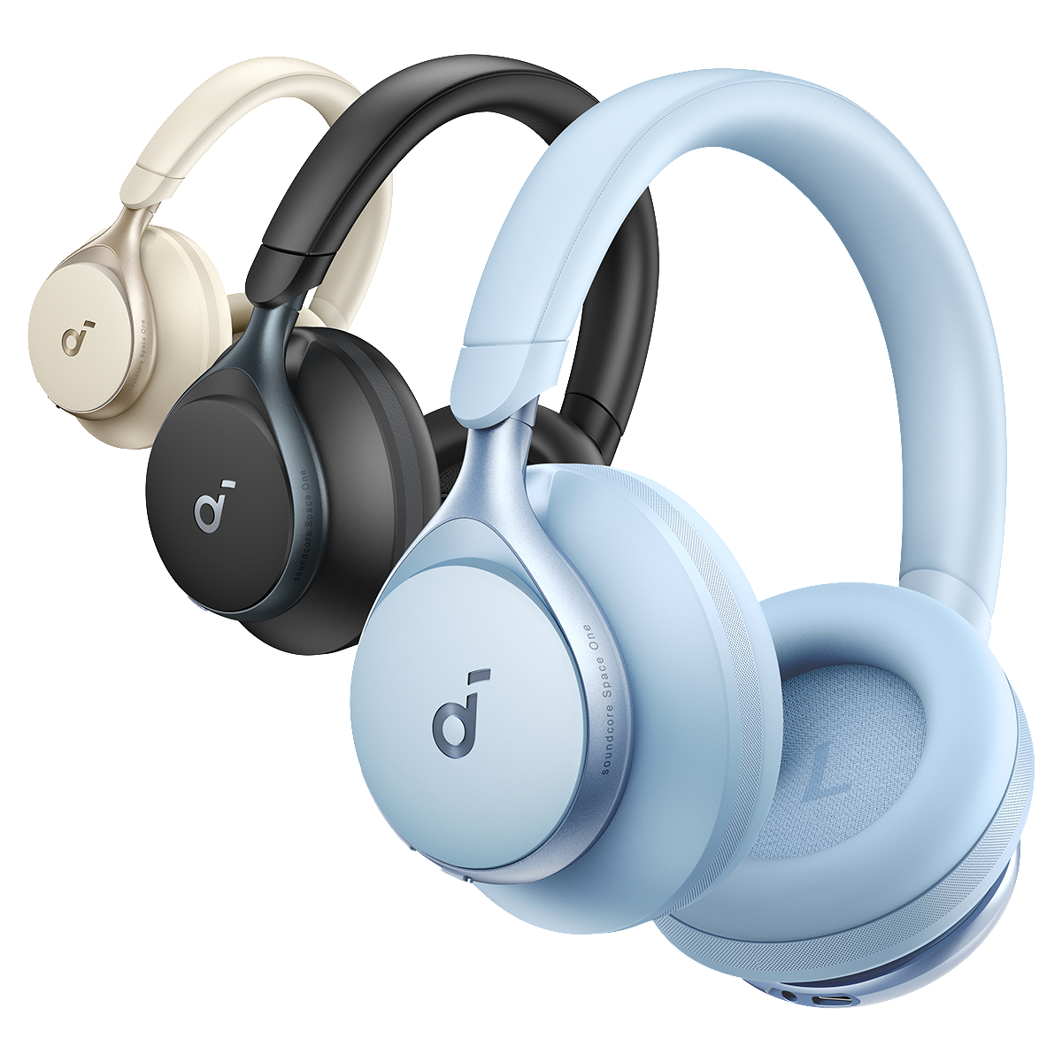 Drei Over-Ear-Kopfhörer, cremeweiß, schwarz und blau, sind in einer Reihe angeordnet.