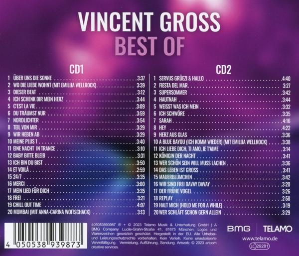 Rückseite einer CD mit Titelliste auf Deutsch. Der Hintergrund ist lila.
