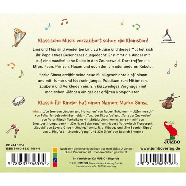 Ein Buchcover mit Text und Illustrationen. Es ist ein Buch über klassische Musik für Kinder.