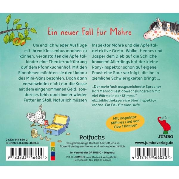 Buchcover mit Illustration eines Ponys, Text auf Deutsch. Titel: 'Ein neuer Fall für Möhre'.