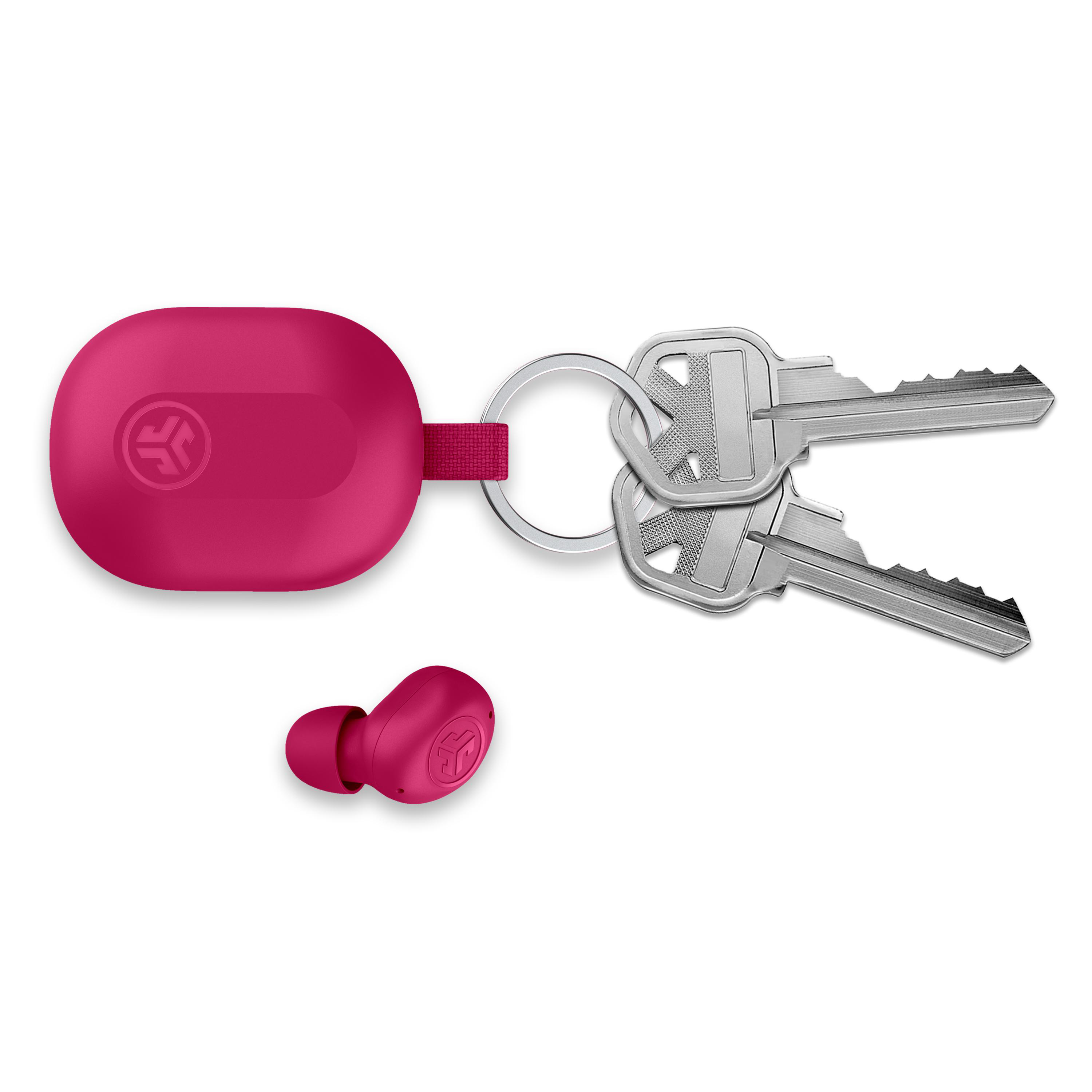 Rosa Ohrhörer, Ladecase und Schlüssel. Case und Ohrhörer haben ein Logo.