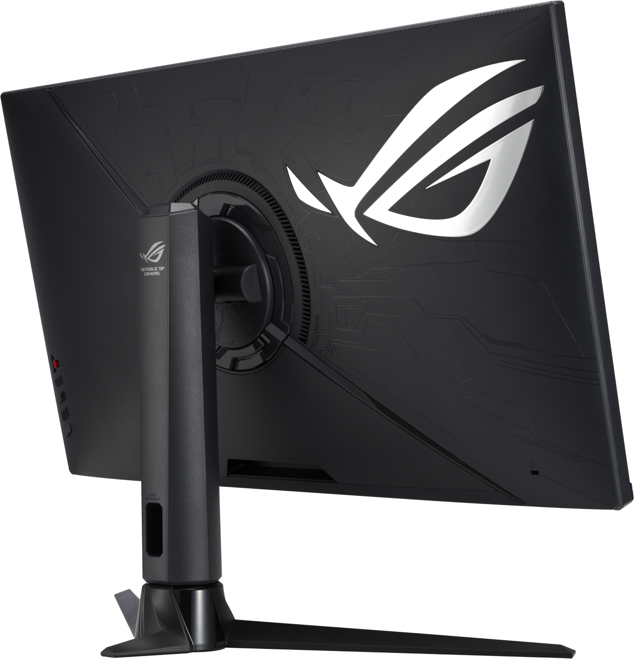 Moniteur noir, vue arrière. Comprend un logo ROG blanc, un pied et divers ports. Le moniteur a un design texturé.
