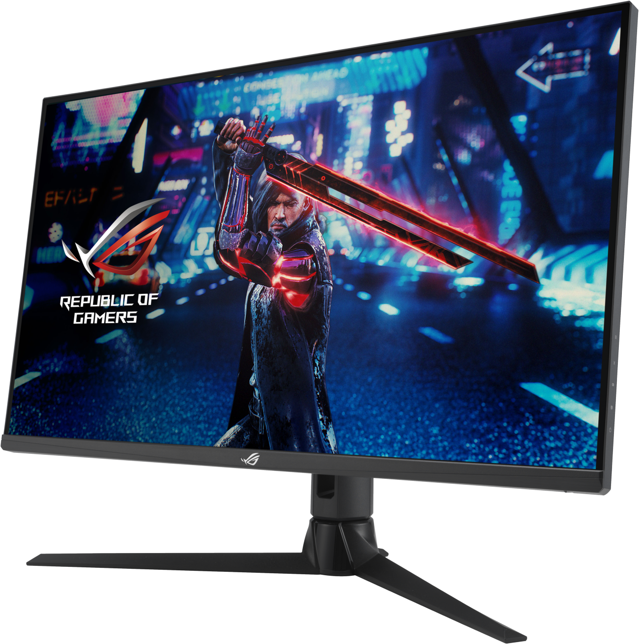 Un écran de jeu affiche une scène futuriste avec un guerrier tenant une épée rouge brillante. L'écran a un support et un cadre noirs.