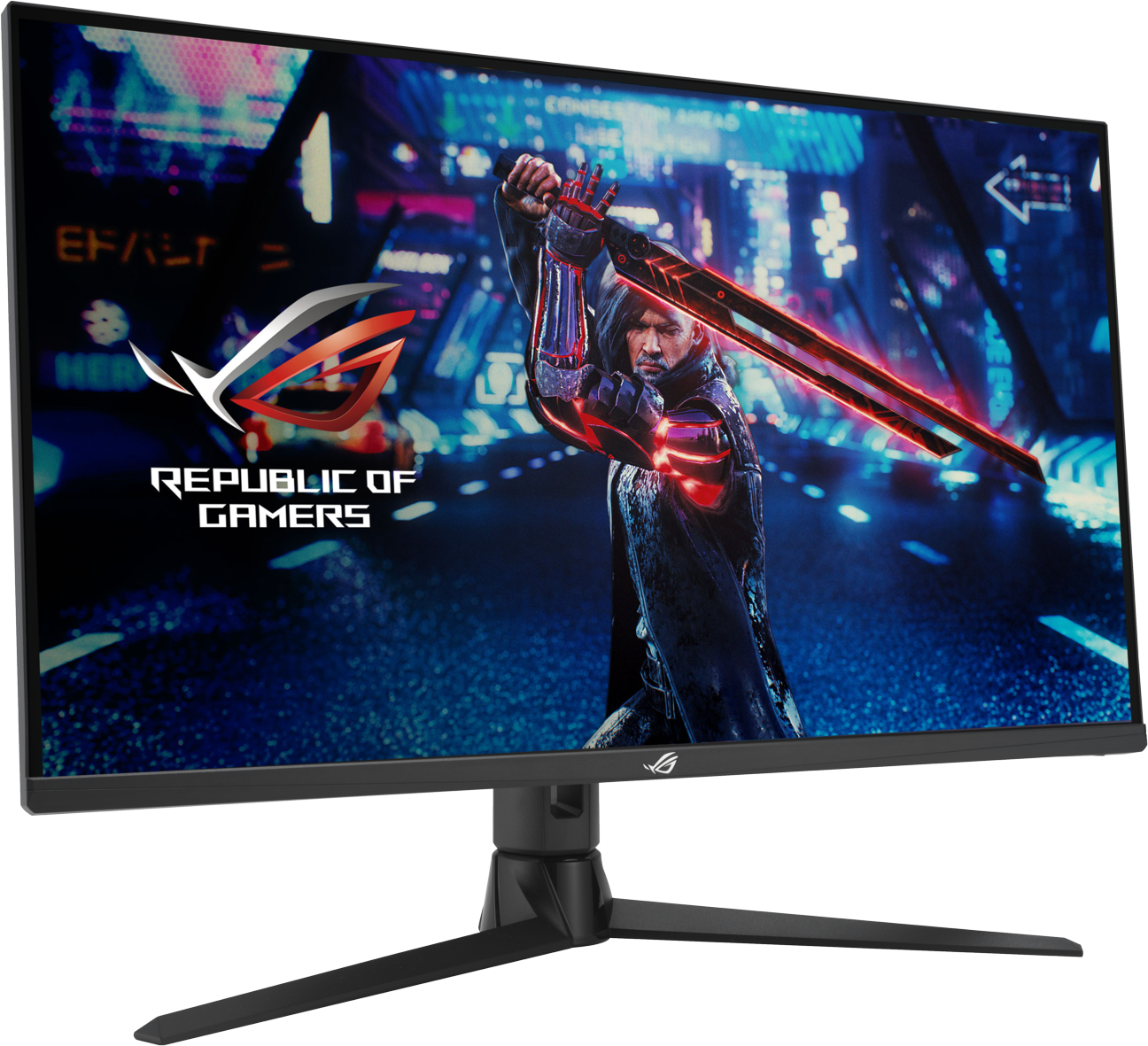 Un écran d'ordinateur affiche un homme tenant une épée lumineuse. Le moniteur porte le logo ROG et le texte Republic of Gamers.