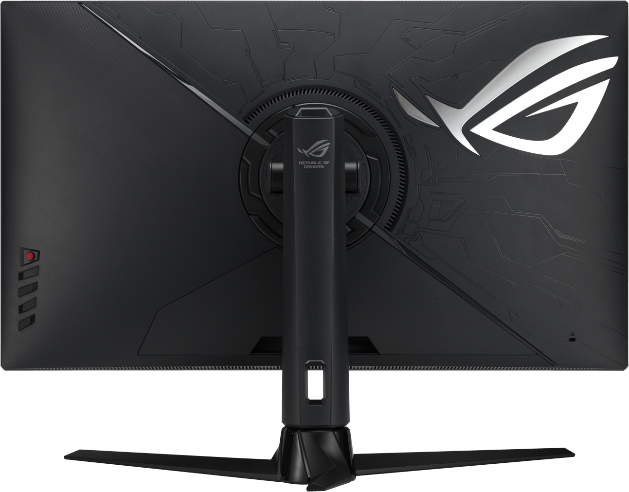 Arrière d'un moniteur de jeu noir. Comprend le logo ROG, un support et des détails de conception. L'arrière a un motif texturé.