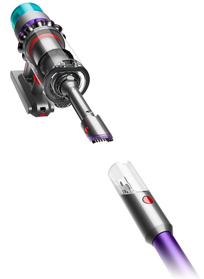 Odkurzacz bezprzewodowy z dwoma nasadkami. Jedna jest odłączona i pokazana osobno.