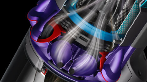 Zbliżenie na wewnętrzne elementy odkurzacza Dyson.