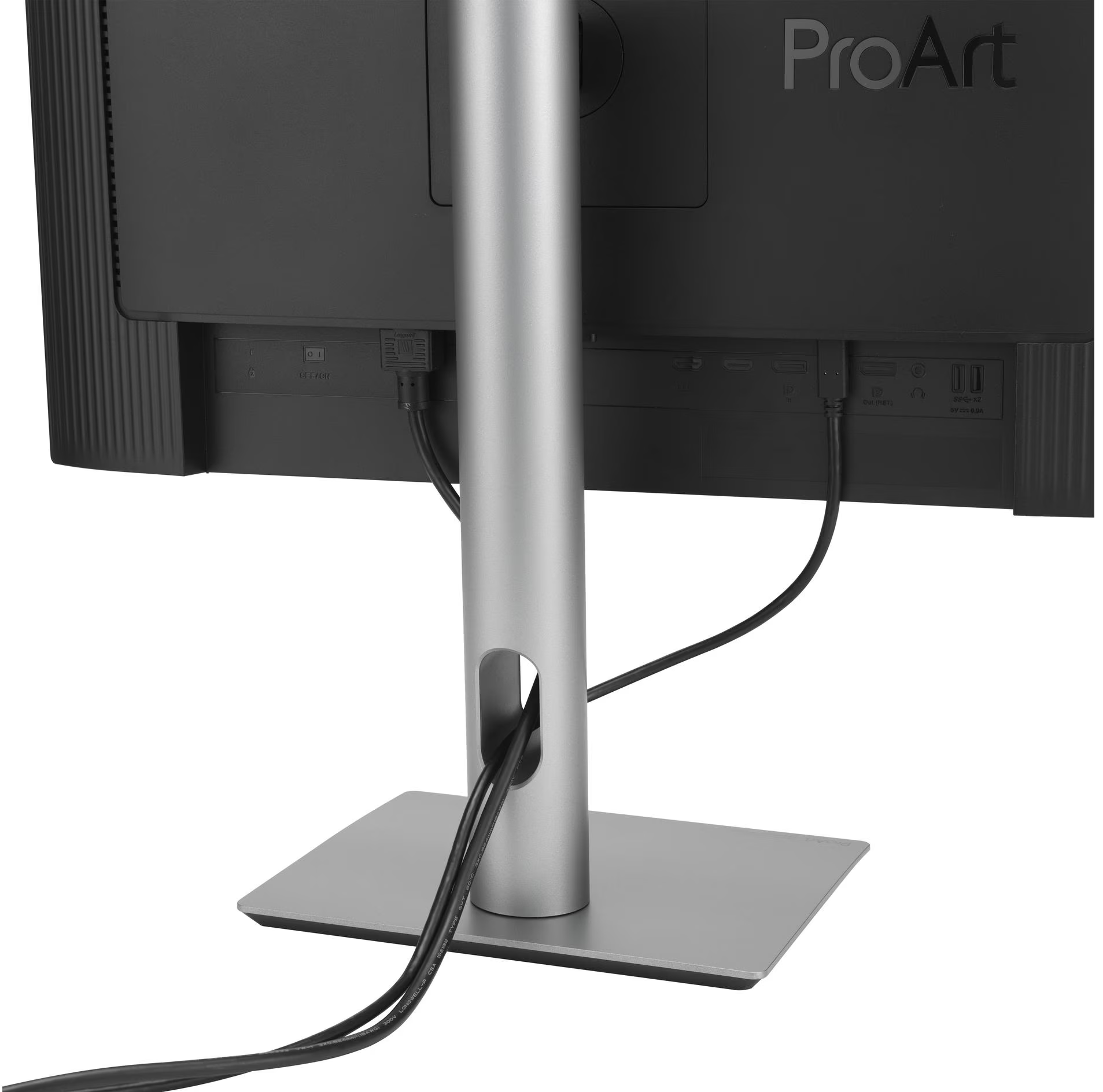 Vista posteriore di un monitor nero, cavi, supporto argentato e base. Il monitor ha porte. Il supporto è cavo.