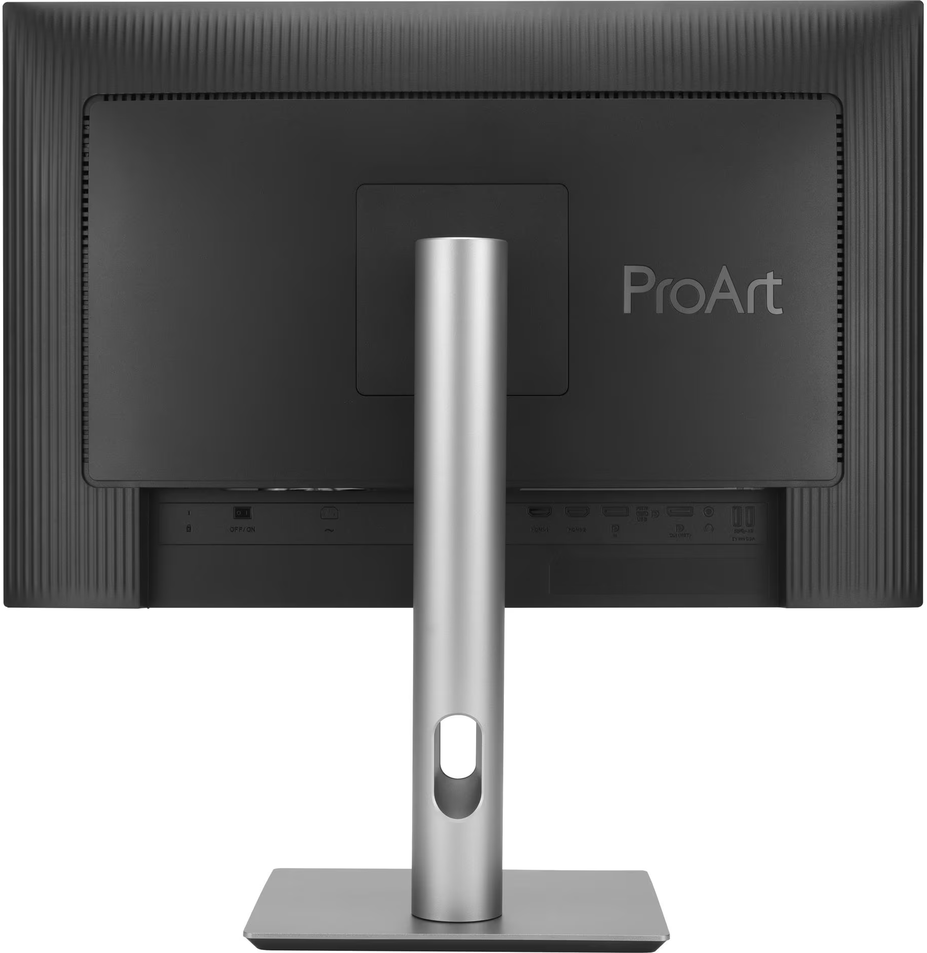 Il retro di un monitor ProArt nero con supporto argento. Sono visibili le porte e il logo ProArt.