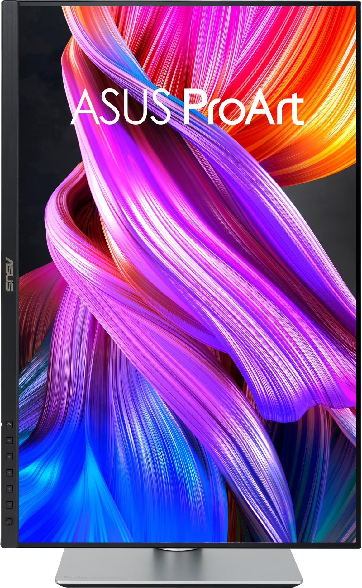 Il monitor ASUS ProArt mostra un vortice astratto di colori: rosa, viola, blu e arancione. Il monitor ha una cornice nera e una base argentata.