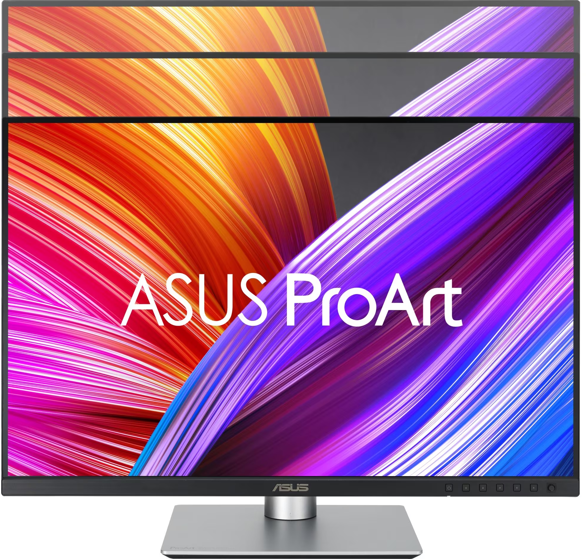 Monitor ASUS ProArt con display astratto colorato arancione, viola e blu. Supporto argento, cornice nera e logo ASUS.