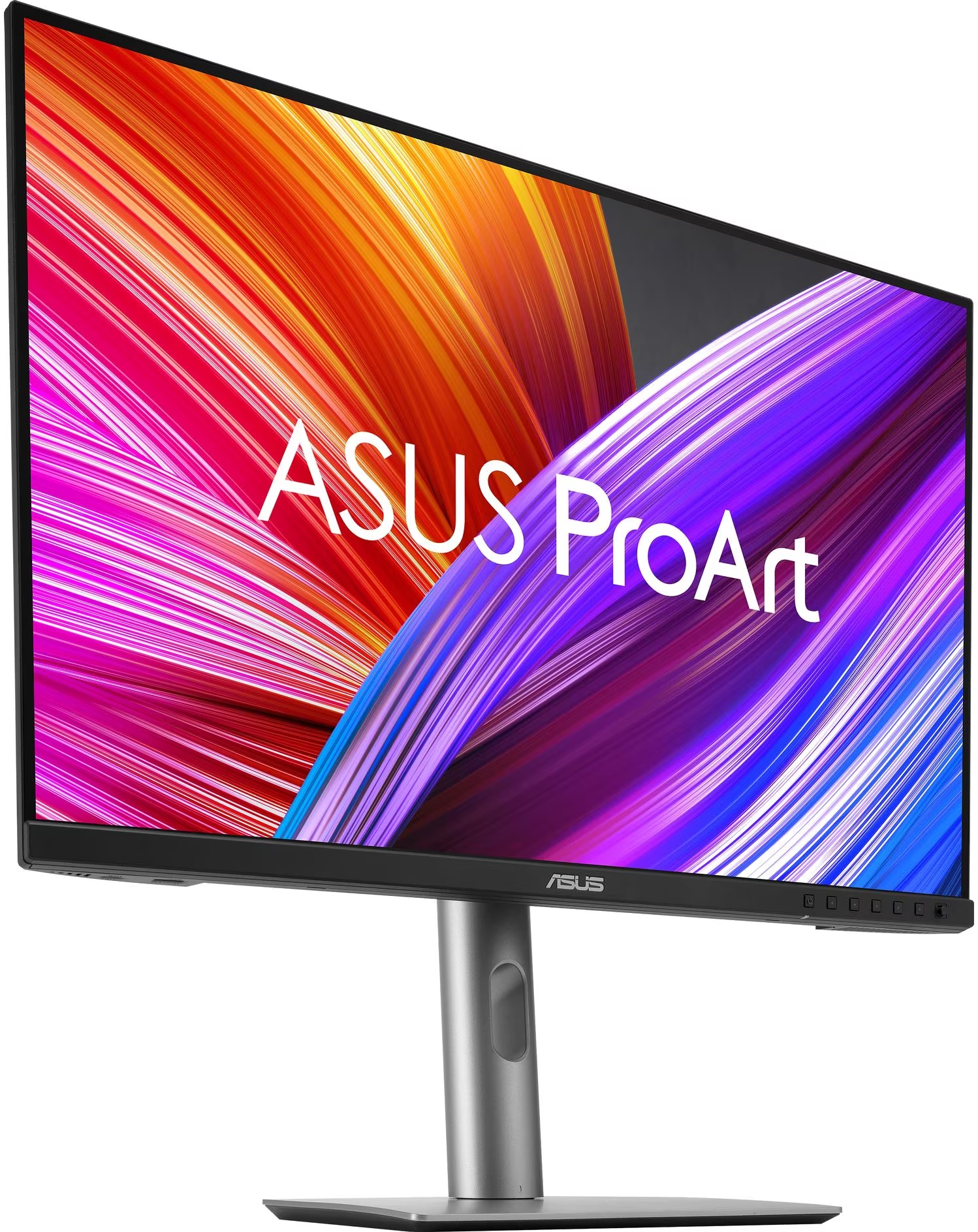 Monitor ASUS ProArt. Lo schermo mostra un design astratto colorato. Supporto argentato. Logo ASUS in basso.