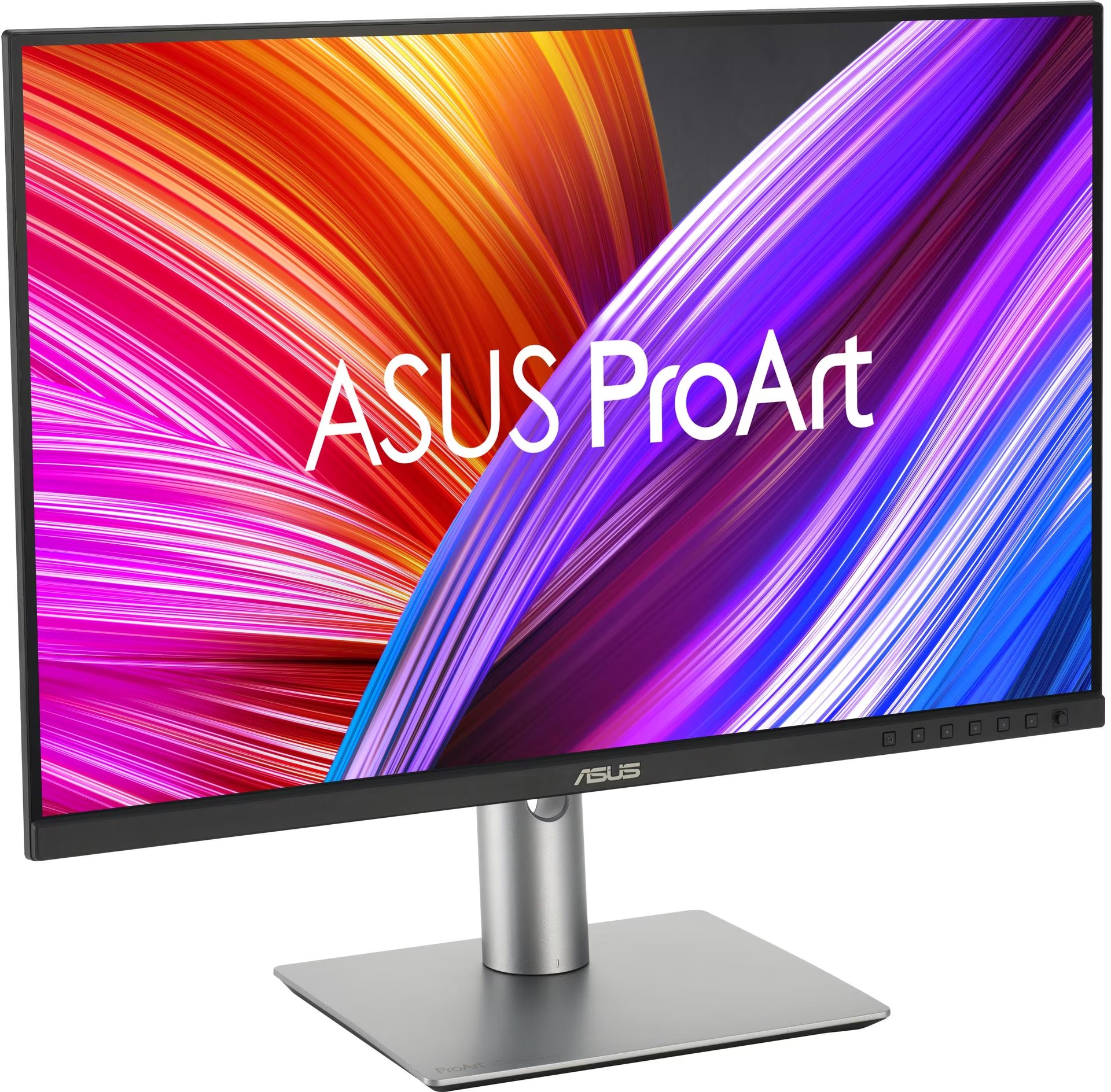 Monitor ASUS ProArt. Lo schermo mostra motivi astratti colorati. Il monitor è argento e nero, con un supporto argentato.