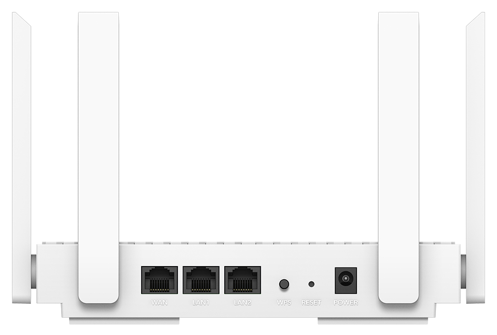 Fehér router négy antennával. Hátulján WAN, LAN portok, WPS, reset és tápbemenet látható.