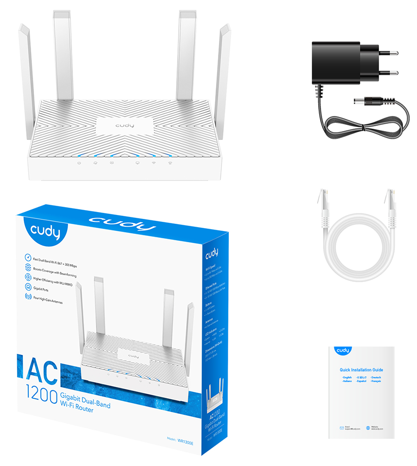 Fehér és szürke Wi-Fi router, hálózati adapter, Ethernet kábel és egy gyors telepítési útmutató.