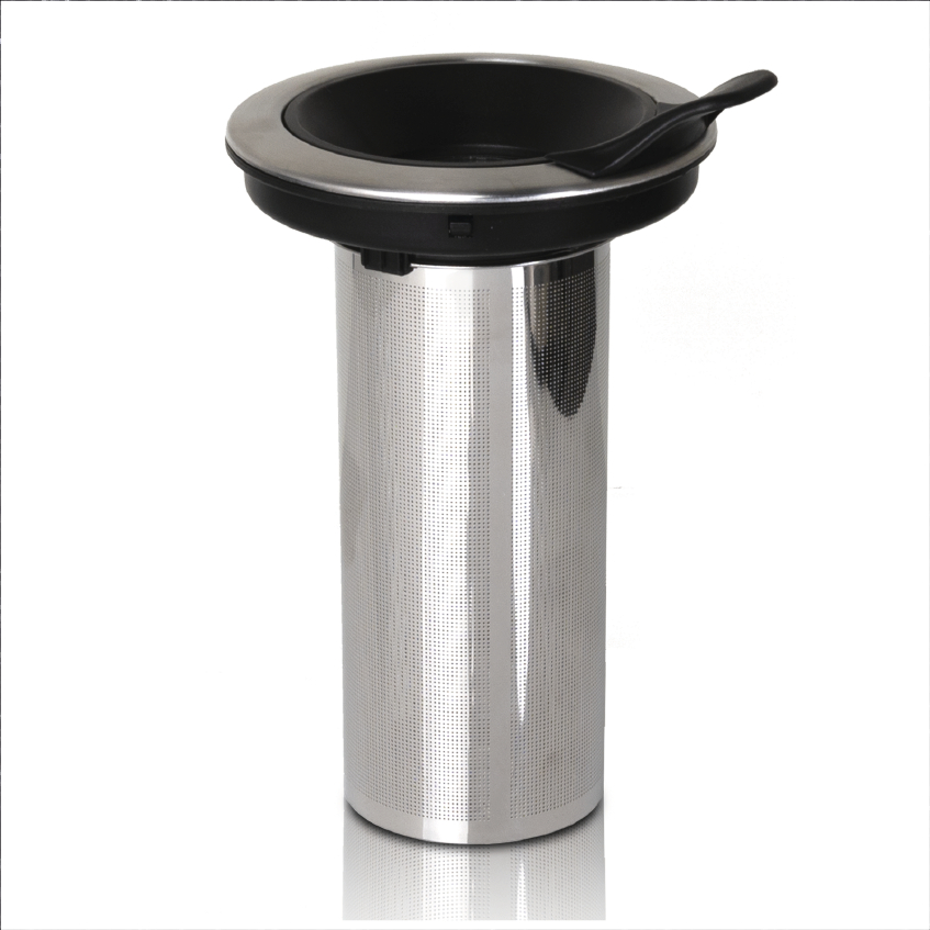 Silberner Tee-Infuser mit schwarzem Deckel auf weißem Hintergrund.