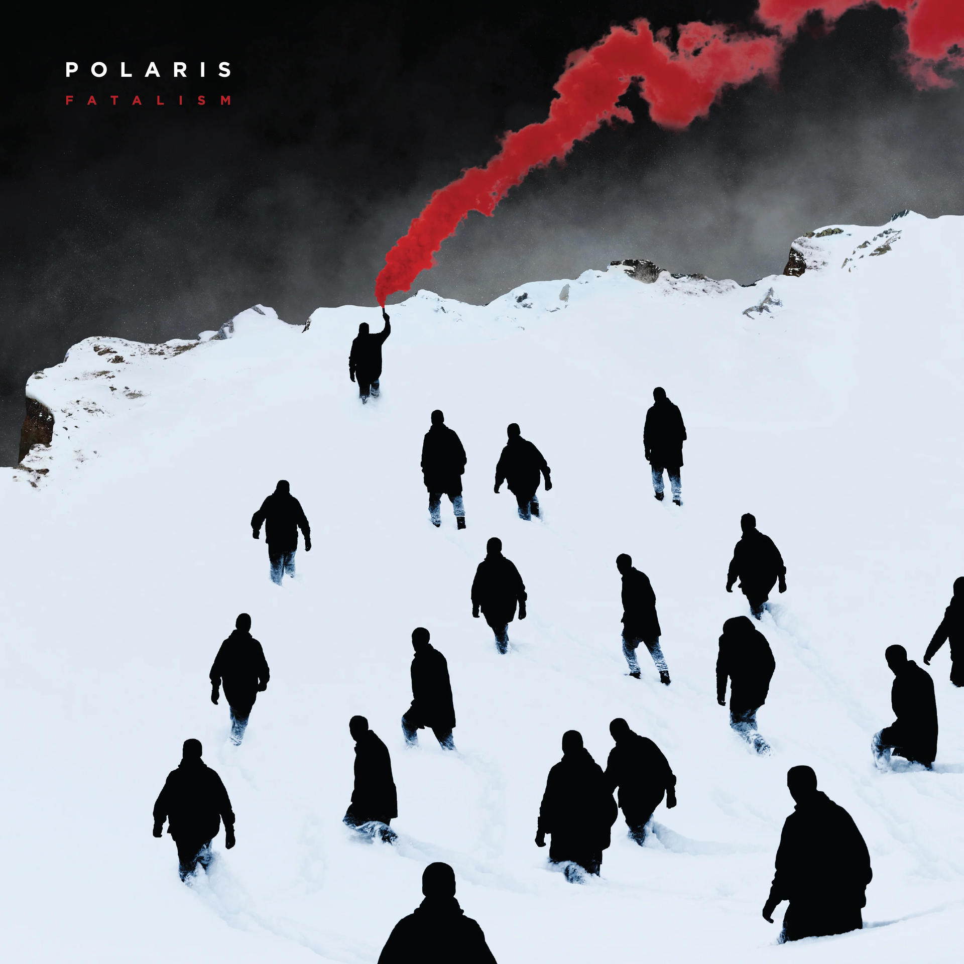 Albumcover. Silhouetten von Figuren gehen im Schnee; eine Figur hält eine rote Fackel in einer dunklen Schneelandschaft.