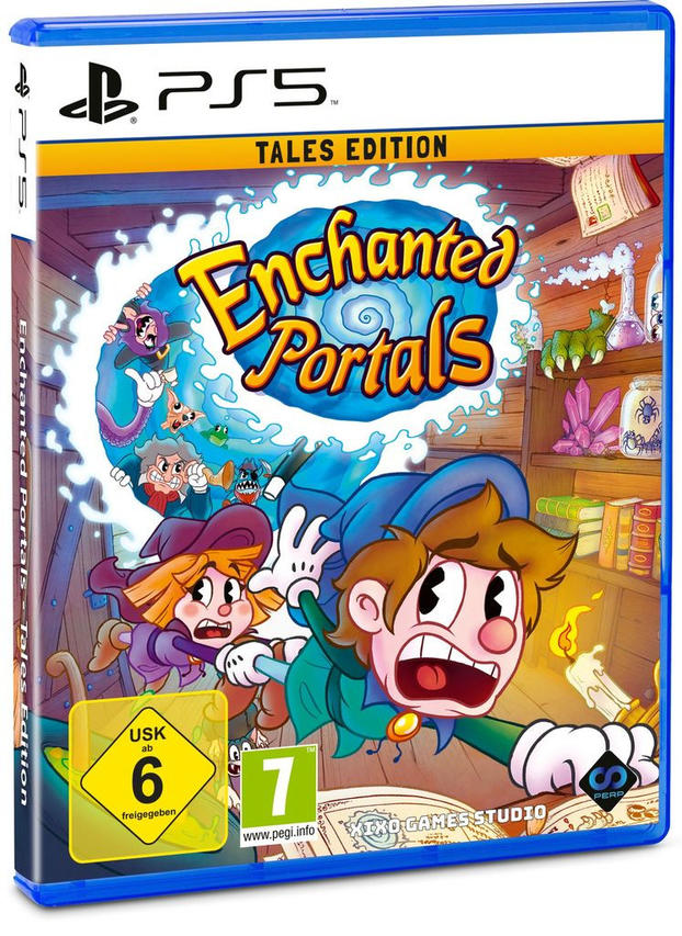 PS5-Spielbox für 'Enchanted Portals - Tales Edition' mit Zeichentrickfiguren, bunter Kunst und Logos.