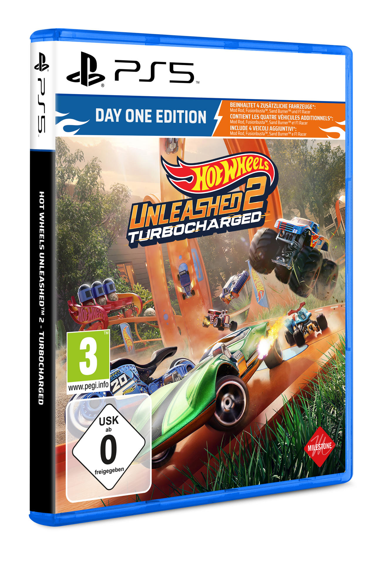 PS5-Spielhülle für Hot Wheels Unleashed 2: Turbocharged, Autos rasen auf dem Cover.