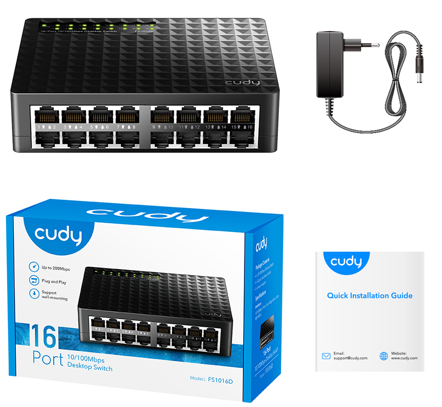 Fekete hálózati switch 16 porttal, hálózati adapterrel, dobozzal és gyors útmutatóval fehér háttéren.