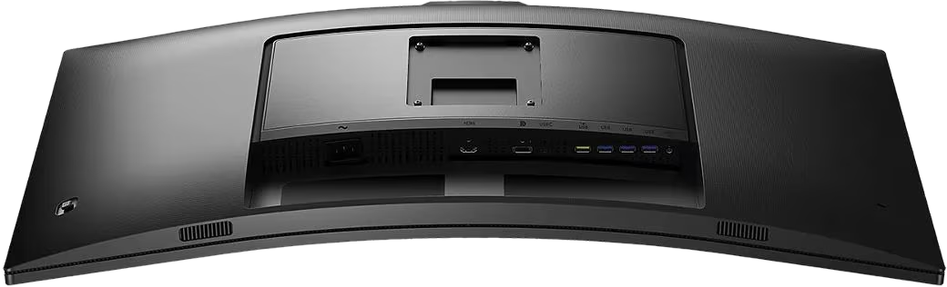 L'arrière d'un moniteur noir avec différents ports. Le moniteur est incurvé.