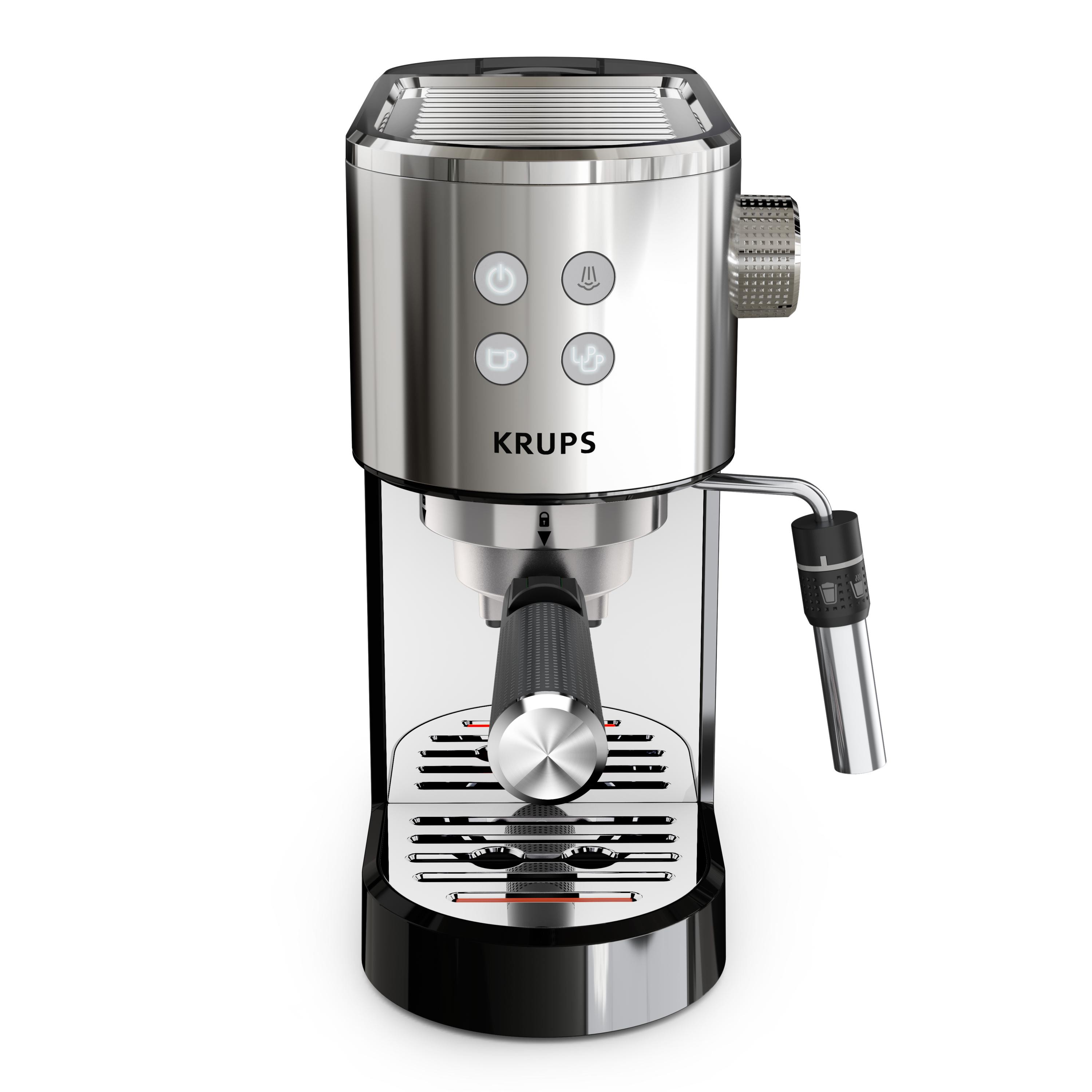 Silberne und schwarze Krups Espressomaschine. Es hat Knöpfe und eine Dampflanze.