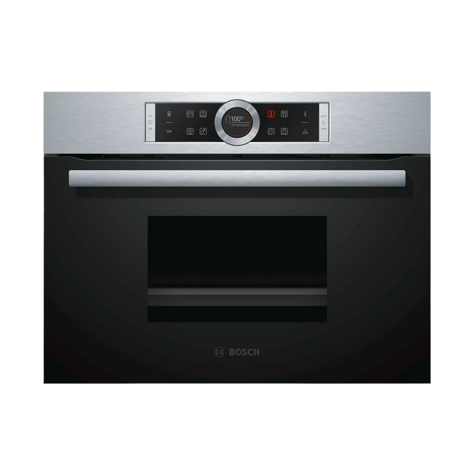 Four encastrable Bosch, finition inox. Affichage numérique, intérieur noir. Commandes en haut.