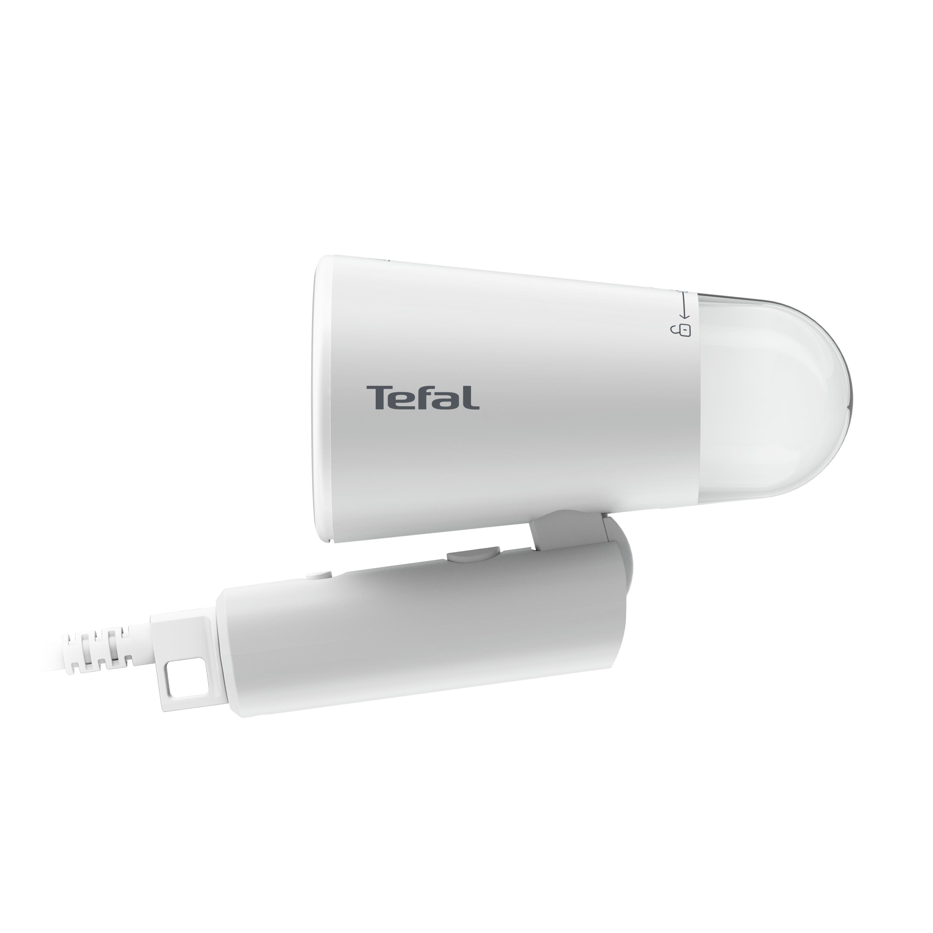 Weißer Tefal-Kleidungsdampfer, zum Betrachter geneigt.