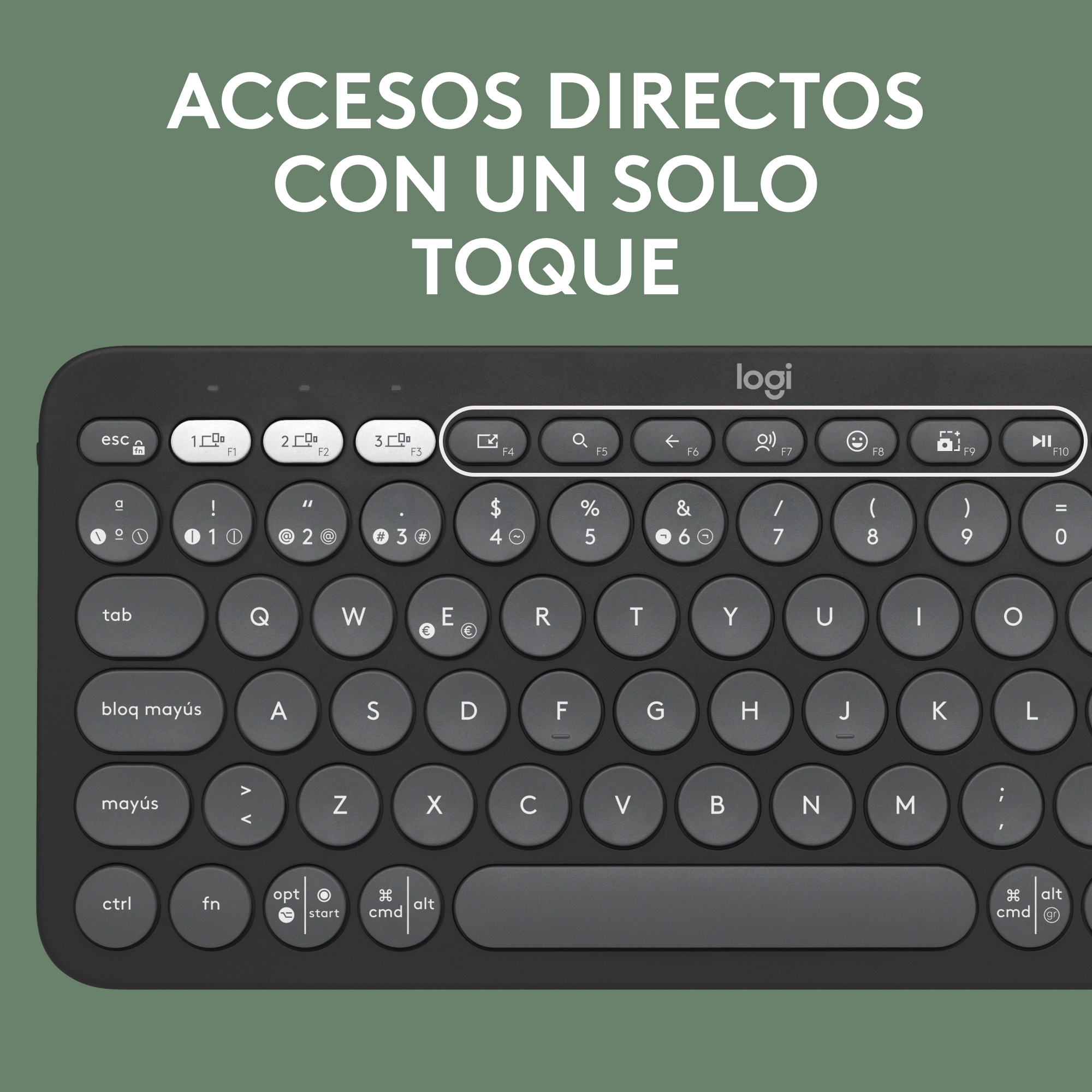 Teclado negro con teclas blancas y grises, con teclas de acceso directo.
