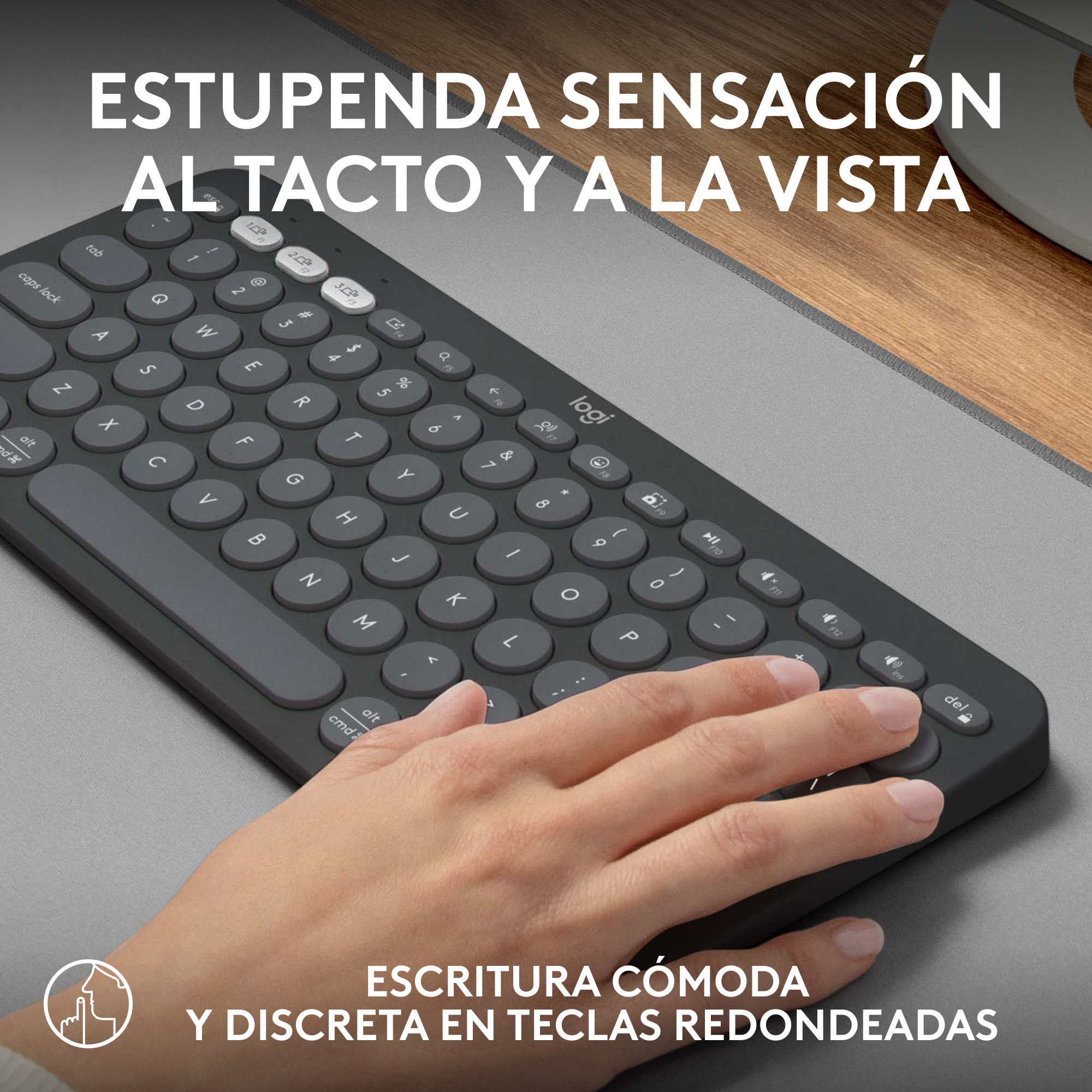 Mano escribiendo en un teclado. Escritorio gris, teclado y un ratón.