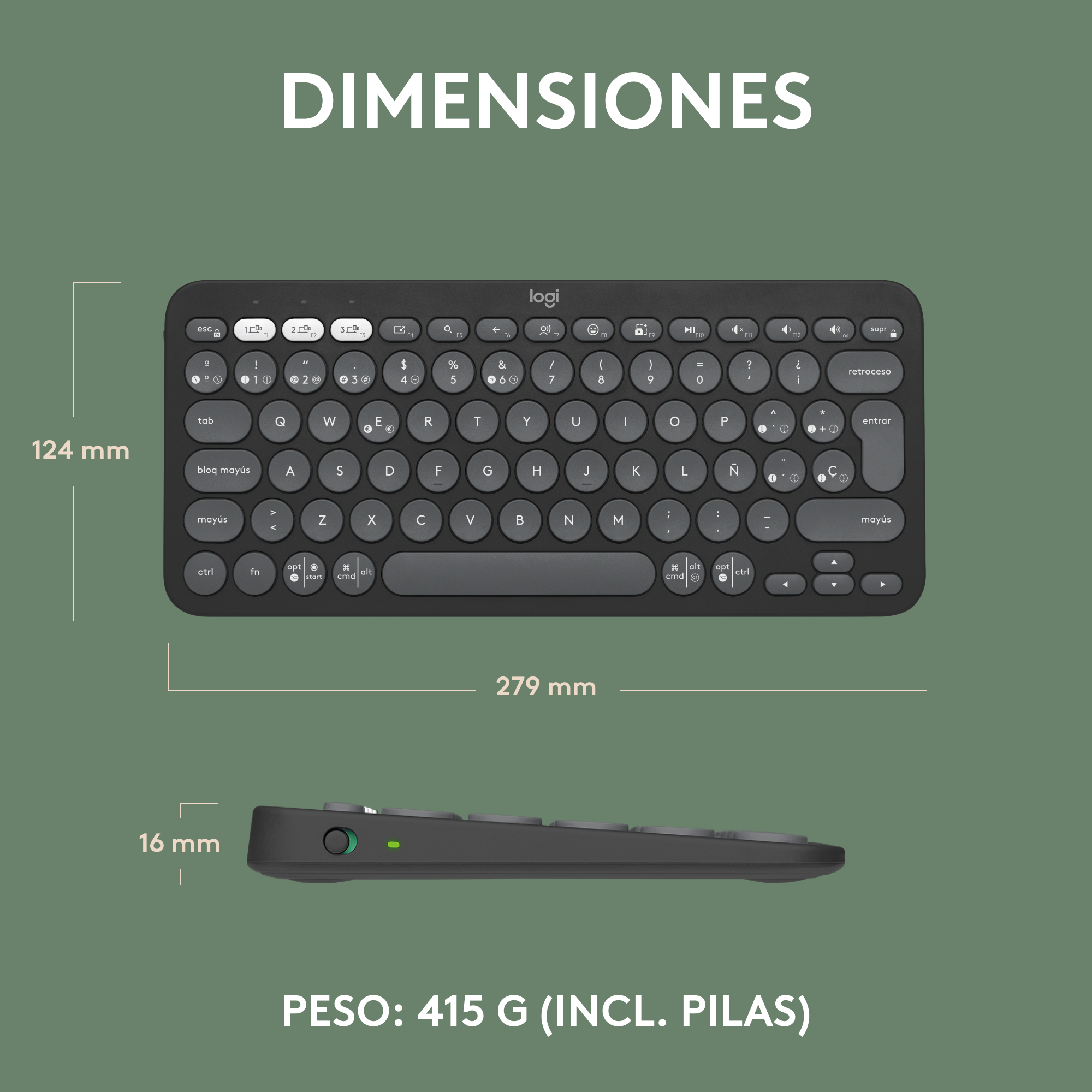 Un teclado negro con letras y números blancos. Se muestran las dimensiones.