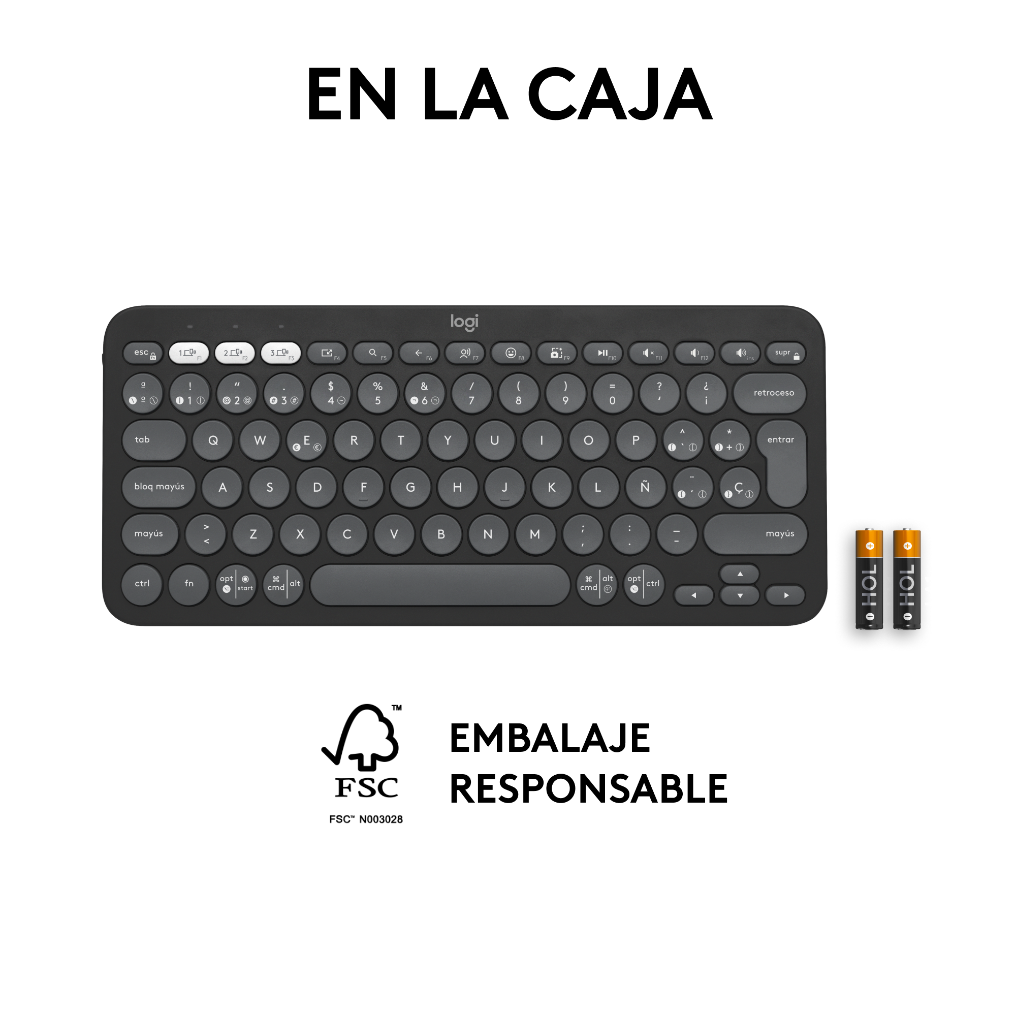 Teclado negro sobre blanco, con pilas. Texto: 'EN LA CAJA' y 'EMBALAJE RESPONSABLE'.