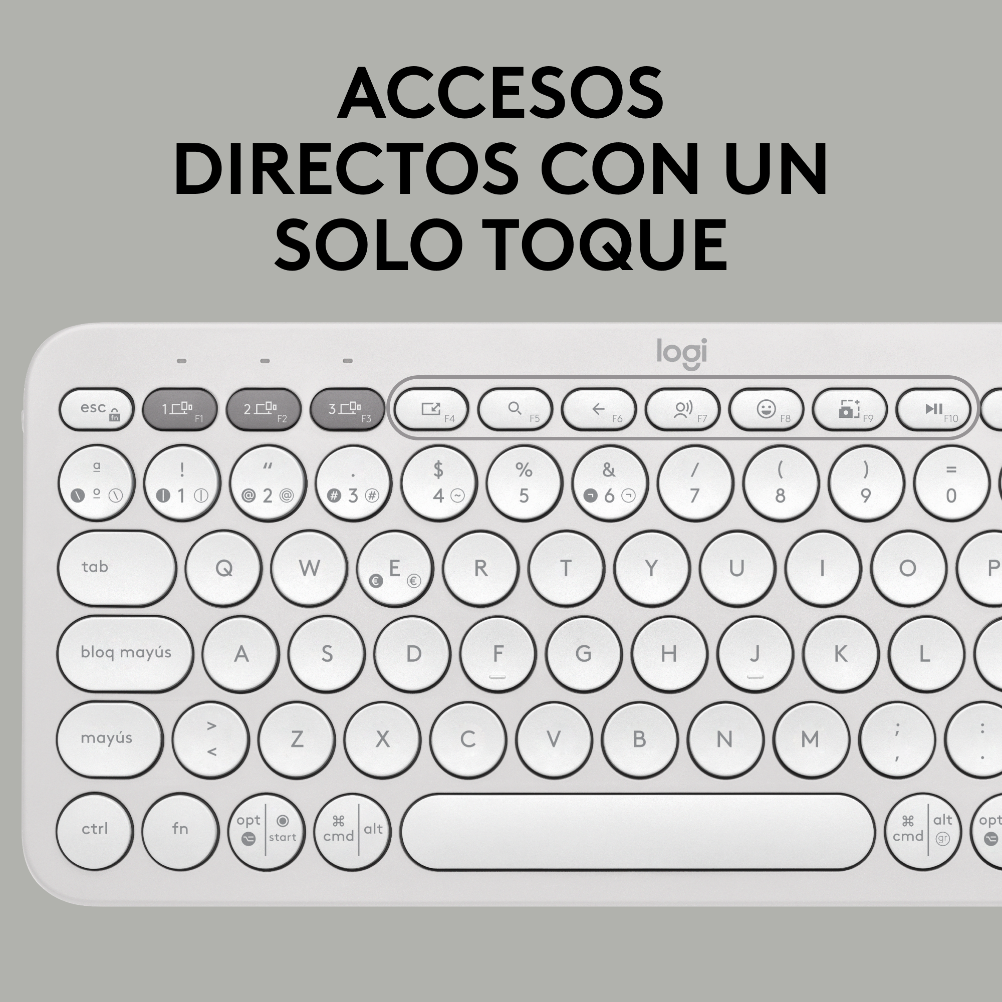 Un teclado blanco con teclas redondas y diseño en español.