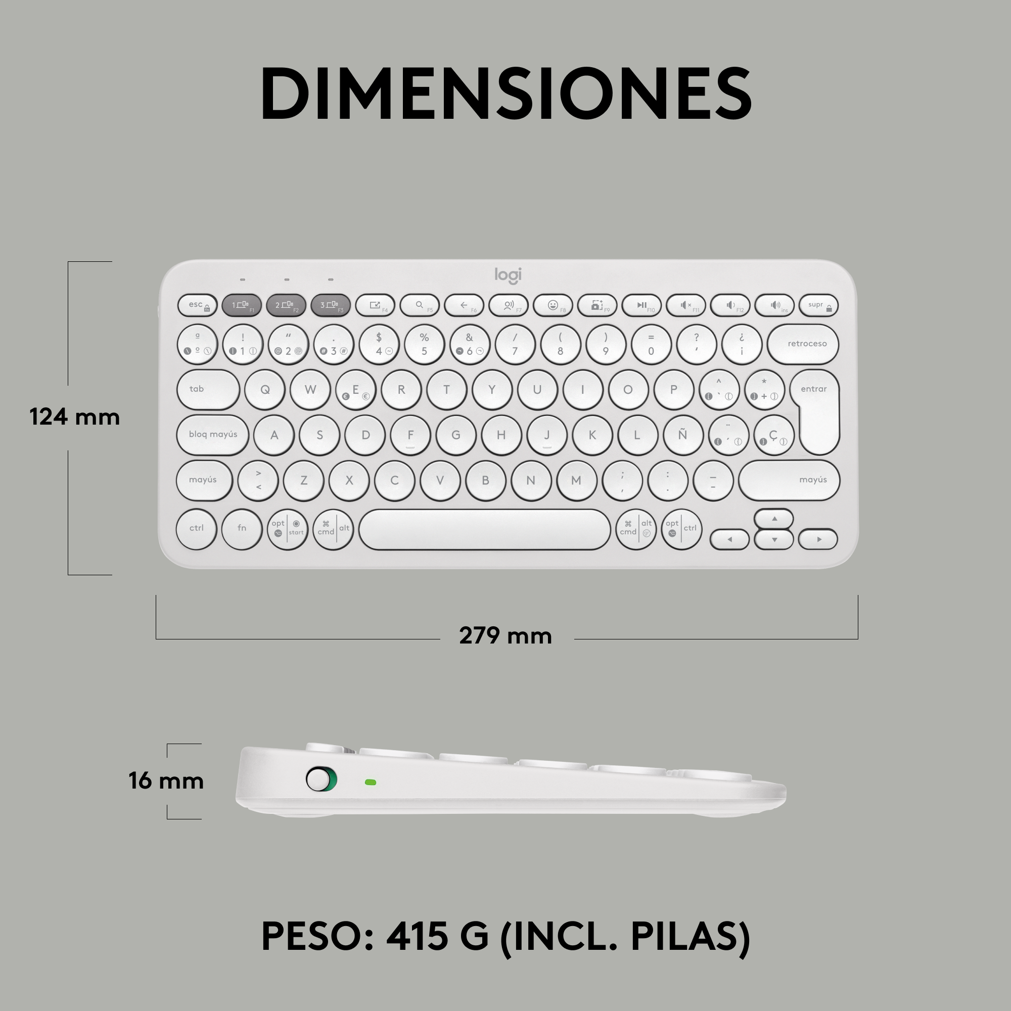 Un teclado blanco con dimensiones e información de peso.