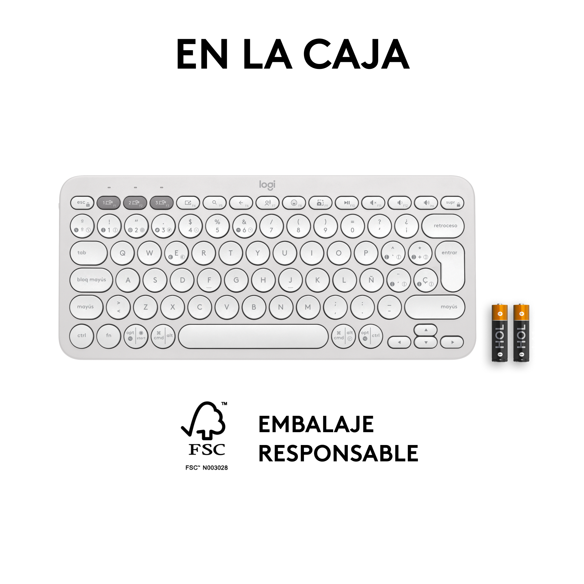 Teclado blanco con "logi" y dos pilas. Texto "En la caja" arriba.