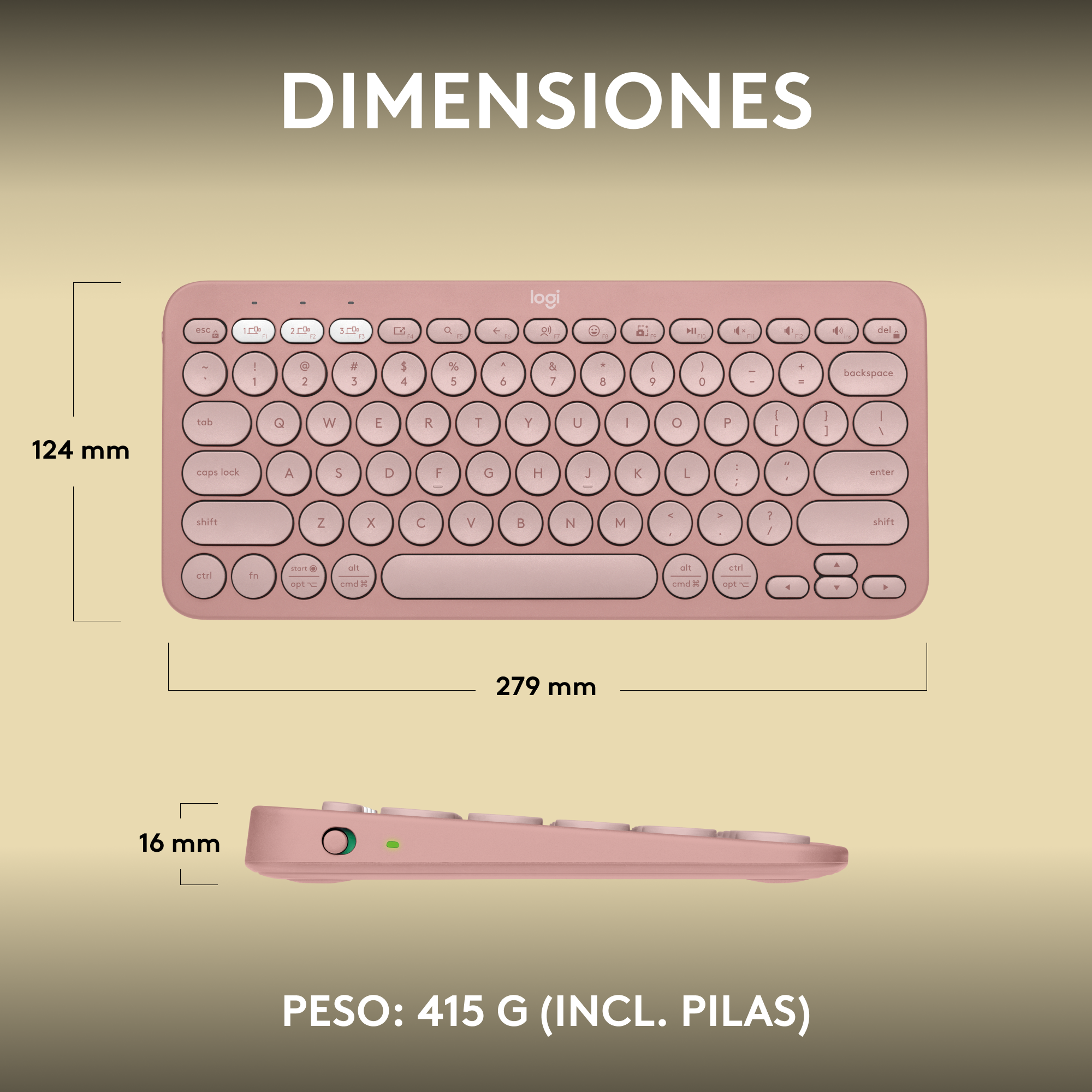 Teclado rosa con dimensiones, 124x279x16mm.