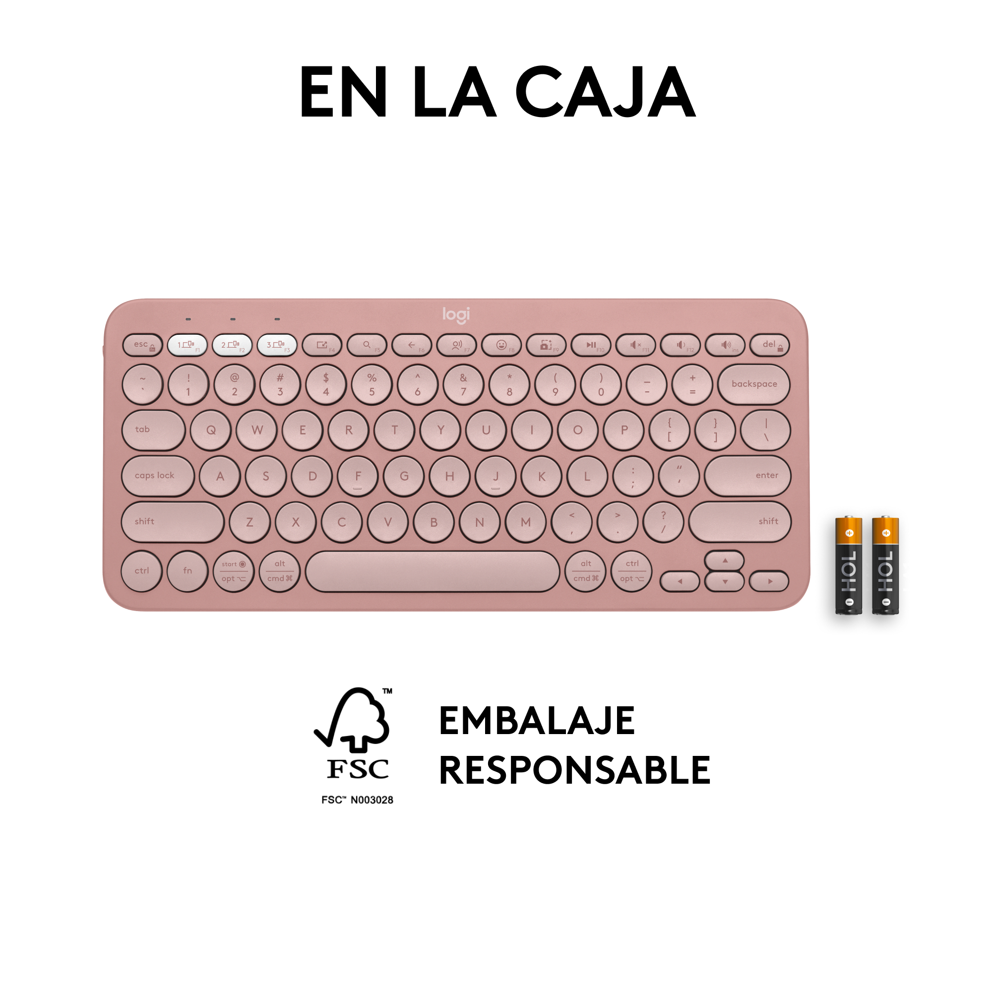 Teclado rosa, dos pilas y texto 'EN LA CAJA' y 'EMBALAJE RESPONSABLE'.
