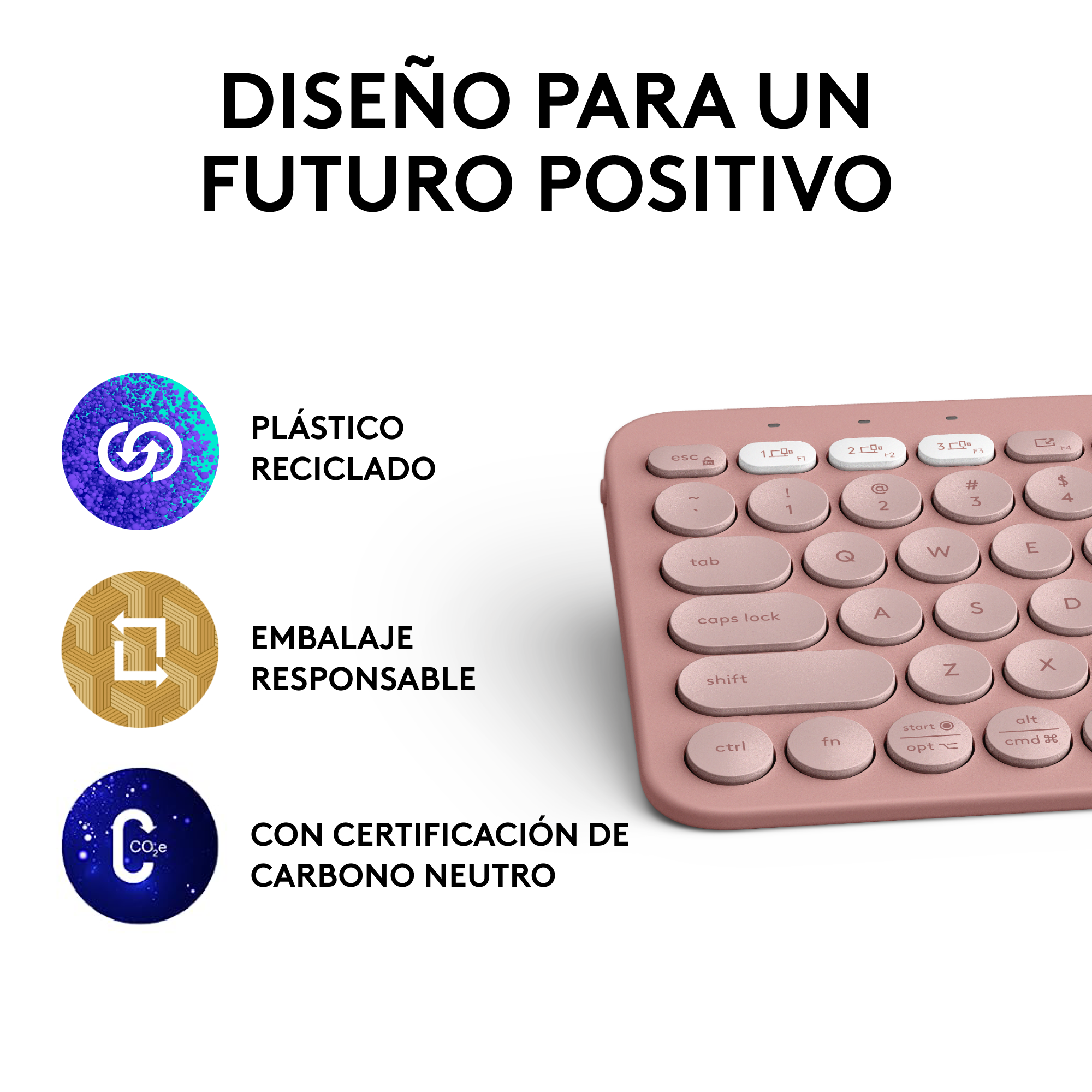 Teclado rosa con plástico reciclado, embalaje responsable y símbolos de certificación neutra en carbono.